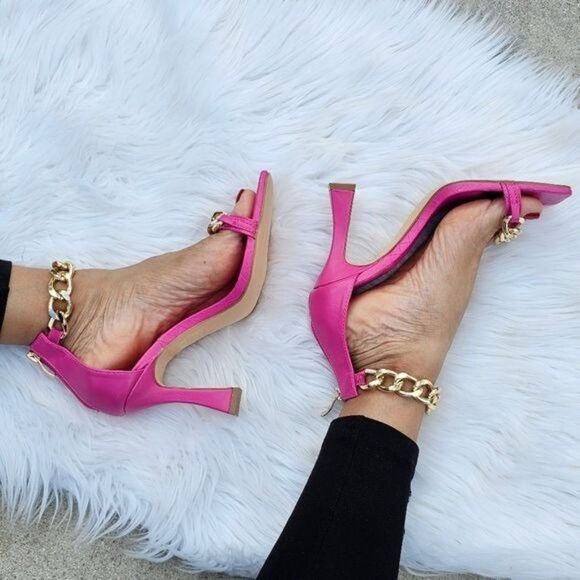 Fuchsia High Heel Sandals Gold Chain Ankle Strap Open Toe - Picture 5 of 6
